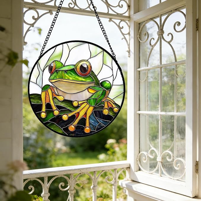 DASTOLL Stained Glass Window Hanging, Green Frog White Petals Sun Catchers Colorful Glass Panel Cute Suncatcher Decor for Birthday for Women, Men, Wife, Aunt, and Mom 7.8 in