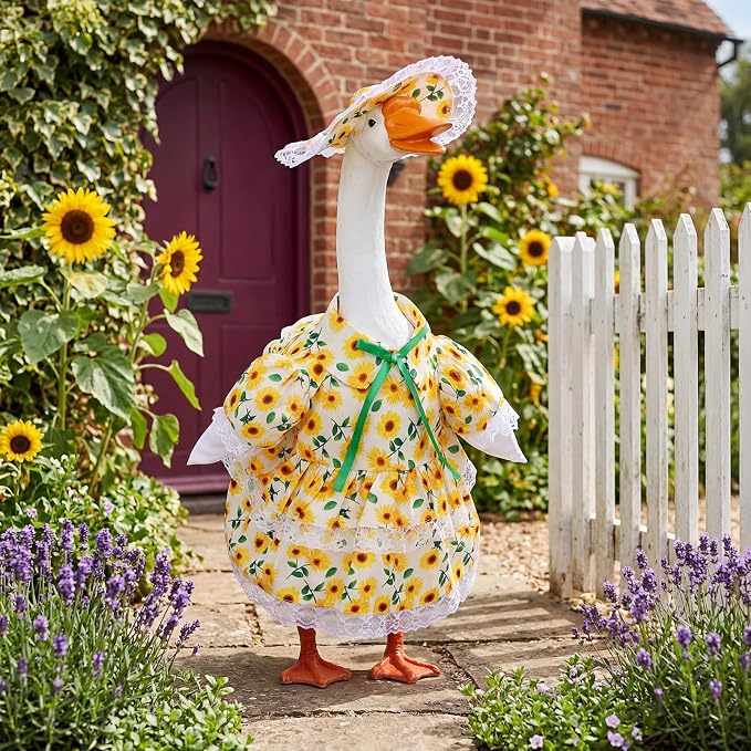 Spring Porch Goose Outfit Sunflower Porch Goose Clothes for 23 Inch Lawn Cement or Plastic Geese Statue Geese Skirt Costume with Hat Dress for Spring Outdoor Patio Garden Holiday Decoration