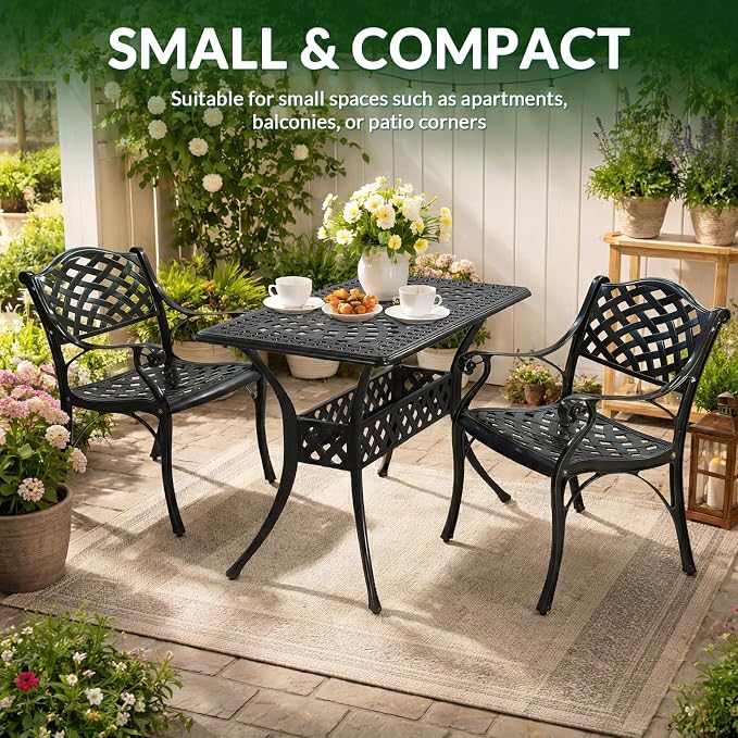 VIVIJASON 3 Piece Patio Bistro Set, Cast Aluminum Outdoor Dining Set with 42" x 24" Rectangular Table and 2 Chairs, Rust Proof & Weather Resistant Furniture for Small Balcony, Porch, Garden, Deck