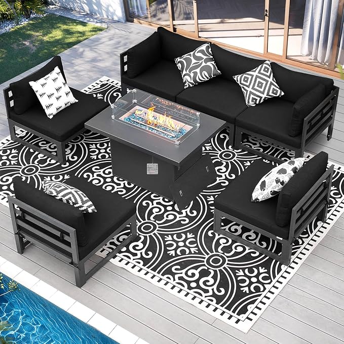 RADIATA 7 Piece Luxury Aluminum Outdoor Sectional Sofa with Fire Pit Table, Oversized L Shaped Patio Furniture Set, 29" Deep Wide Seating, 500 lbs Heavy Duty Conversation Set for Backyard Deck, Black
