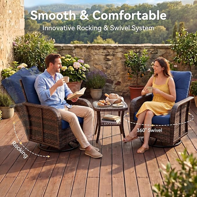 Aoxun 12-Piece Patio Furniture Set with 44” Fire Pit Table, Wicker Outdoor Sectional Sofa with High Back Swivel Rocker Chairs, Outdoor Patio Furniture Set with Thick Cushions & Ottoman, Blue