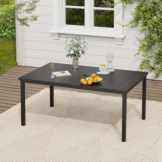 VICLLAX Patio Dining Set, 63" Black Table & 6 Chairs with Wheat Cushion | Outdoor Table and Chairs Set of Rectangular Metal Patio Table, Outdoor Dining Chairs with Metal Frame, Garden Deck Porch