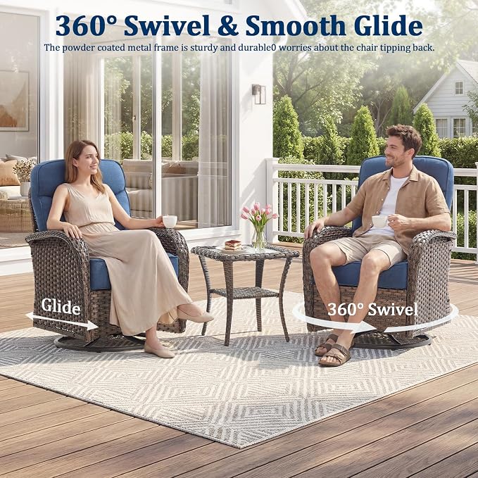 Outdoor Swivel Rocking Chair Patio Set (3-Piece), High-Back - Thick Cushion Swivel Rocking Chair Patio Set, All-Weather Wicker Patio Furniture Set, Suitable for Balcony Patios, Brown/Blue