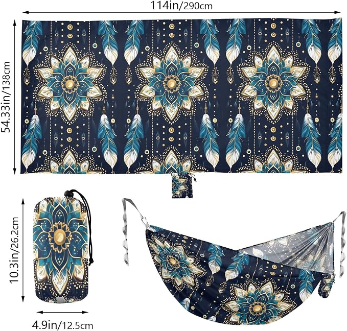 Camping Hammock Outdoor Hammocks for Outside Mandala Flower Feathers Beach Trees Portable Lightweight with Pockets Tree Straps Indoor