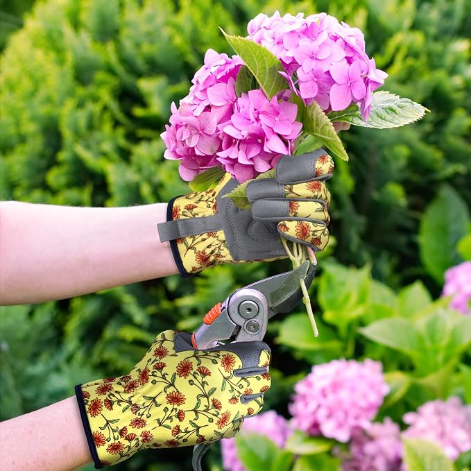 Bamllum Gardening Gloves for Women, Leather Garden Gloves | Breathable Garden Gloves with a Padded Palm, Flexible Fit and Elastic Wrist for Weeding, Digging, Planting and Pruning