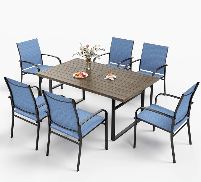 HERA'S HOUSE 7pc Outdoor Patio Dining Set, Wood-Look Metal Table, Blue | 6 textilene chairs, 64" rectangular table with umbrella hole. Waterproof, rust-resistant, all-weather for yard, porch