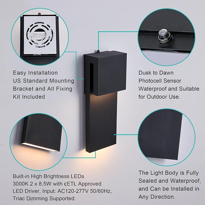 Tarentlight Dusk to Dawn Outdoor Wall Lights 2 Packs,Modern Minimalist Outdoor Fixture Wall Mount,Anti-Rust Sturdy & Sleek Outside Lights for House Porch Garage Patio,3000K 17W Integrated LED
