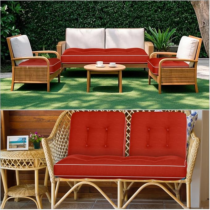 Wenqik 44 x 19 x 4 Inch Outdoor Bench Cushion Set of 3 Waterproof Tufted 1 Patio Loveseat Cushions and 2 Square Chair Seat Pad for Outdoor Furniture Couch Swing Sofa Wicker Settee(Wine Red)