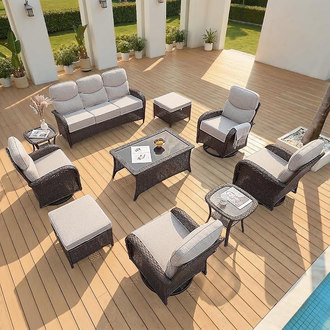 Patio Furniture Set with Luxury 6" Cushions, 10 Pieces Swivel Rocking Patio High Back Chairs, Couch and Ottoman, Outdoor Wicker Conversation Set for Deck, Porch, Backyard, Poolside, Beige
