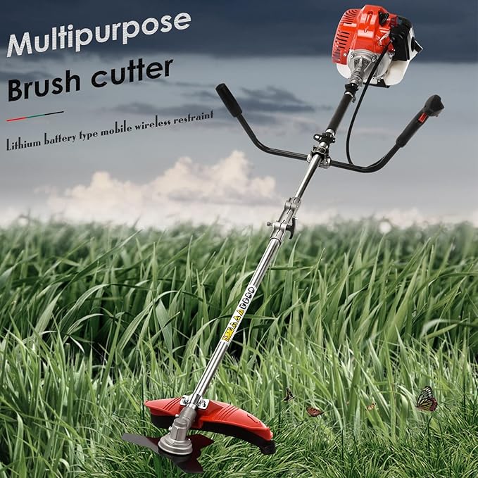 Weed Wacker 10.6inch Cordless String Trimmer, Gas Powered Edger Trimmer Lawn Tool with Strap, 8500rpm 52cc Grass Trimmer Powerful Lawn Mower with Heavy Duty Metal Blade, Gift for Gardener Red
