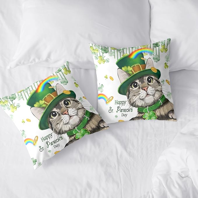 Happy St Patricks Day Pillows Covers 18x18 Pack of 2 Lucky Cat Clover Pillow Covers Rainbow Gold Coin Shamrock Decorative Pillow Cases Cushion Case for Living Room Couch Sofa