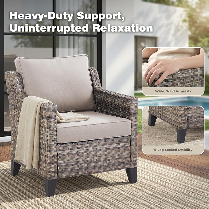 Belord Patio Chairs Set of 2 with 3-Seater Sofa, Outdoor Rattan Chairs for Deck Porch Garden, 6 Piece Luxury Patio Furniture Set, Beige