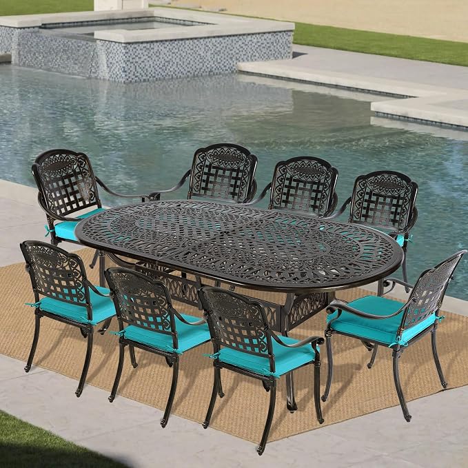 VIVIJASON 9-Piece Outdoor Cast Aluminum Dining Set, Rust-Free Classic Vintage Patio Furniture Set, Include 8 Cushioned Chairs and an Oval Table with Umbrella Hole for Lawn Backyard, Ocean Blue Cushion