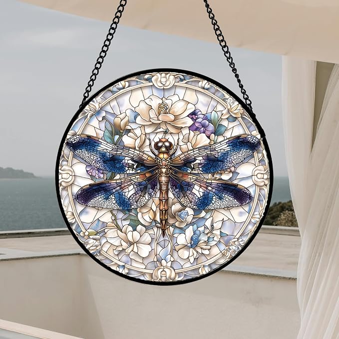 DASTOLL Stained Glass Window Hanging, Dragonfly Flower Suncatcher for Doors Home Sun Catchers Decoration and Christmas, Mother's Day Birthday Gifts for Women, Men, and Mom 14.9x14.9 in