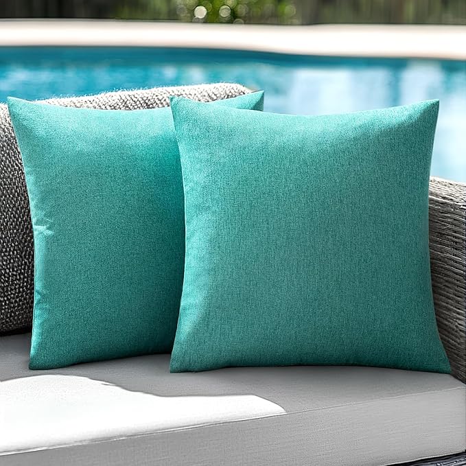 ANRODUO Pack of 2 Turquoise Outdoor Pillow Covers for Patio Furniture Decorative Farmhouse Linen Cushion Sham Outdoor Waterproof Outside Square Pillowcase for Garden Balcony Outdoor Decor 20x20 Inch