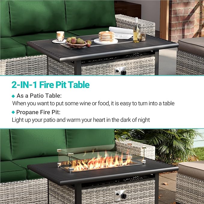 9-Piece Outdoor Patio Furniture Set with 55,000 BTU Fire Pit Table, PE Wicker Rattan Sectional Sofa Patio Conversation Set with Ottomans & Coffee Table, Green