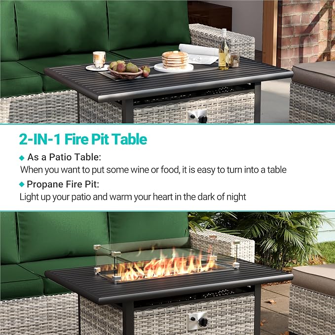 13-Piece Outdoor Patio Furniture Set with Rocking Swivel Chair, PE Wicker Rattan Sectional Sofa Patio Conversation Set with 55,000 BTU Fire Pit Table & Coffee Table, Green