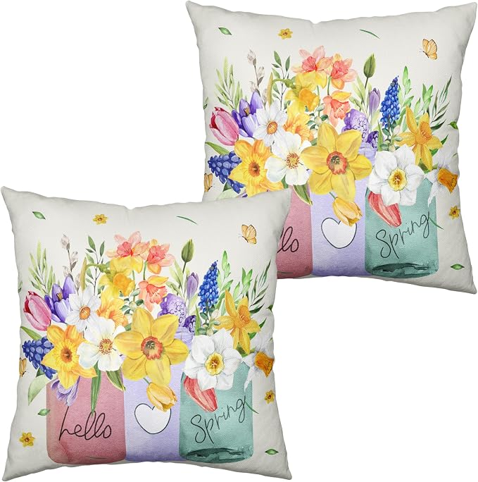 Spring Throw Pillow Covers 16x16 Set of 2 Daffodils Flower Pillow Covers Floral Vase Outdoor Pillowcase Watercolor Cotton Linen Cushion Case for Sofa Outdoor Patio