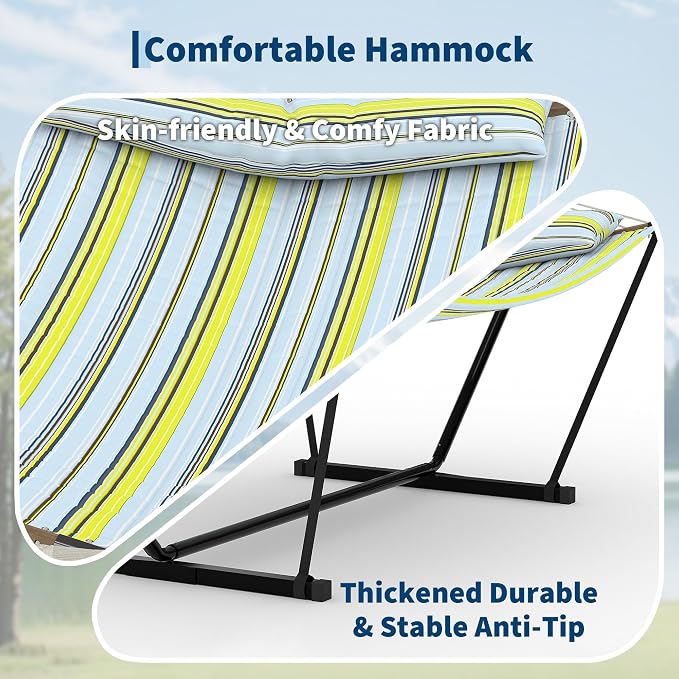 Double Hammocks with Stand for Outside, Heavy Duty Portable Outdoor Hammock with Carrying Bag & Soft Pillow & Paded, 450 LBS Weight Capacity, Perfect for Outdoor Indoor Patio Backyard Garden