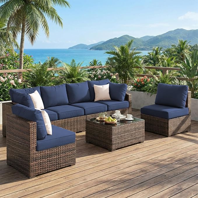 Patio Furniture Set 7 Piece Outdoor Wicker Sectional Sofa - All Weather High Backrest PE Rattan Couch Conversation Set with Cushion & Glass Top Table for Backyard Deck (Blue, L-7 pcs w/glass table)