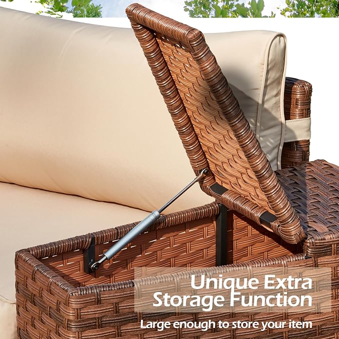ECOTOUGE Patio Furniture Set, 4 Piece Half-Moon Sectional Round Patio Furniture Set, Wicker Cushion Sofa with 2 Storage Side Table for Pool Backyard Patio Garden(Beige/Brown)
