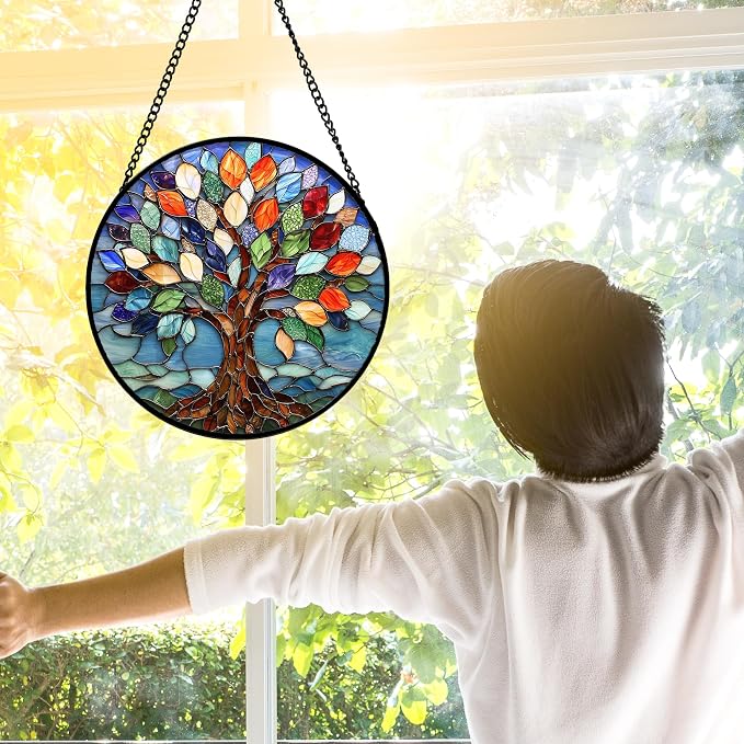DASTOLL Stained Glass Window Hanging, Colorful Tree of Life Sun Catchers Glass Panel Blue Suncatcher Decor for Birthday for Women, Men, Wife, Aunt, and Mom 9.8 in