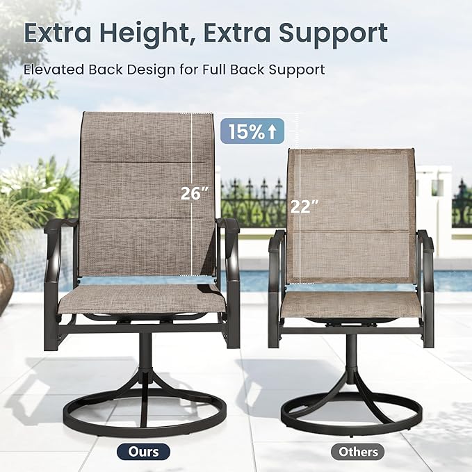 PHI VILLA Swivel Patio Chair Set of 4, 42" High Back Outdoor Chairs with Padded Fabric & E-Coating Frame, All Weather-Resistant for Deck Lawn Garden