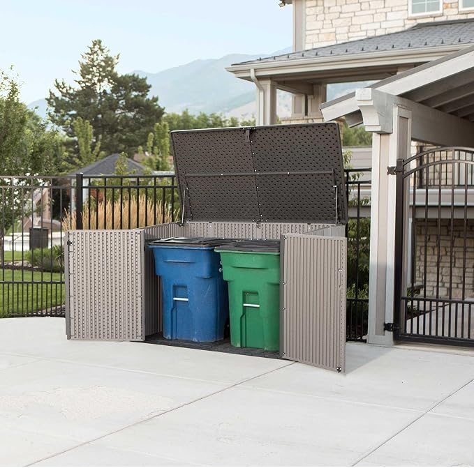 LIFETIME Horizontal Outdoor Storage Shed, Weather Resistant Resin Storage Can Fit Two Large Garbage Cans, Lockable Doors, Spring‑Hinge Lid, Low‑Maintenance Backyard Utility Shed