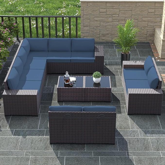 12 PCS Outdoor Patio Furniture Set,Outdoor Sectional Furniture All Weather PE Rattan Wicker Patio Conversation Set with 2 Coffee Tables and 10 Thickened Cushions,Navy Blue