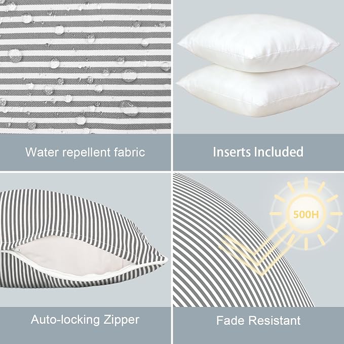 LVTXIII Outdoor/Indoor Throw Pillows, Decorative Patio Accent Pillows, Fluffy Water Repellent Garden Cushions for Home Patio Coach Sofa Use, 18×18 Inch, Pack of 2, Strip Grey