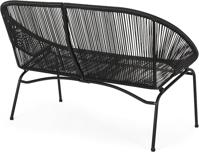 Christopher Knight Home Dessa 3 Piece Patio Furniture Set, Patio Wicker Accent Chair Set of 2 and Loveseat, Metal Frame 4 Seater Outdoor Papasan Lounge Chair Set, PE Rattan Outdoor Bistro Set, Black