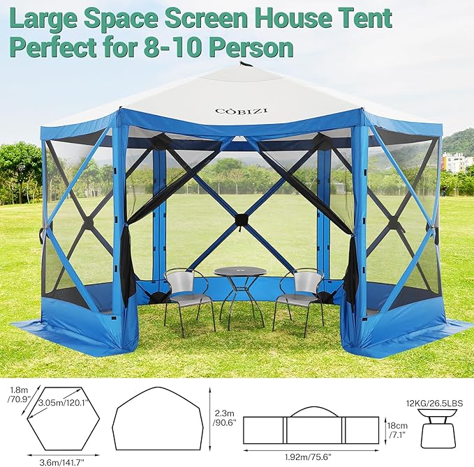 COBIZI 12x12 FT Pop Up Canopy Shelter Tent, Large Gazebos On Clearance with Sidewalls, Screened in Gazebo, Screen Tents Portable carpas para Patio for Outdoor Camping, Backyard, Garden, Beach, Blue
