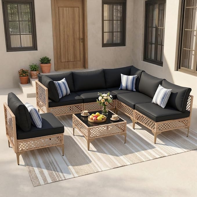 FHFO 7 Piece Outdoor Wicker Patio Furniture Set, Yellow/Black | Sectional Sofa | All-Weather Hand-Woven Rattan | Tempered Glass Coffee Table | Free Combination | Indoor & Outdoor Use
