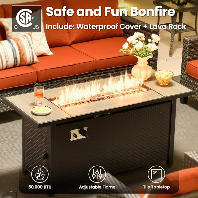 ovios 8 Pieces Patio Furniture Set with 54" Fire Pit Table, Outdoor Wicker Sofa with Comfy Cushions, All Weather High Back Rattan Couch Conversation Set, Orange Red