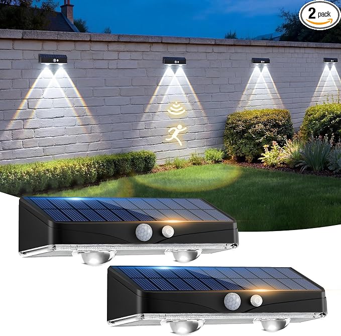kolpop Solar Fence Lights Outdoor with Motion Sensor,Fence Lights Solar Powered,IP65 Waterproof,3 Modes LED Solar Lights for Patio,Backyard,Railing,Wall,Nighttime,Party,Pool,2 Pack,Cool White