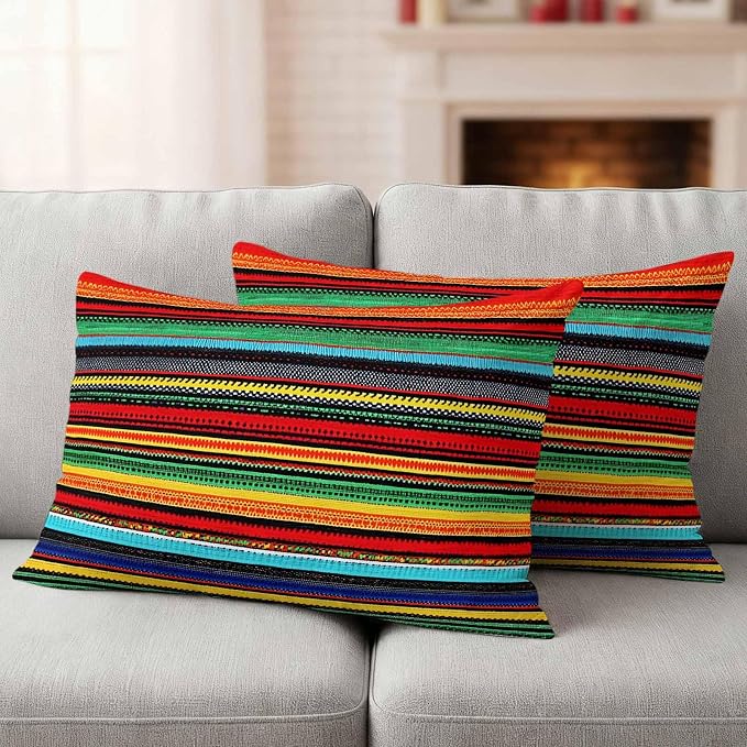 Colorful Stripes Outdoor Waterproof Throw Pillow Covers Set of 2, 20"x12", Mexican Aztec Abstract Ethnic Decorative Pillow Covers Outside Cushion Case for Patio Porch Garden