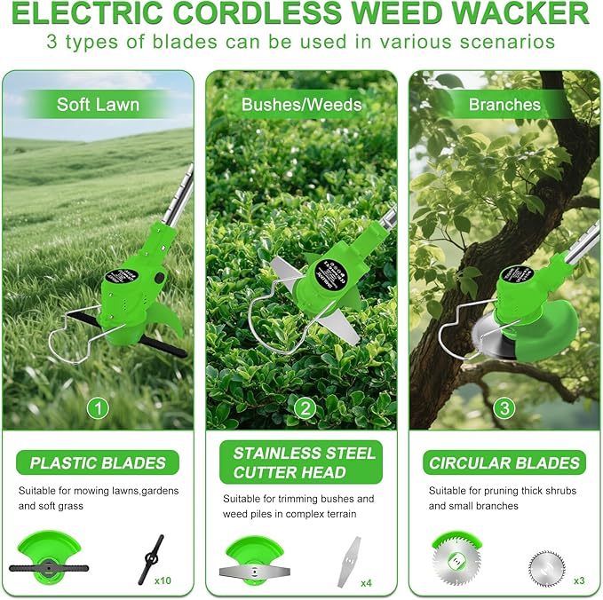 Electric Weed Wacker String Weed Eater Cordless Grass Trimmer 21V Battery Powered String Trimmer with 2x2.0ah Battery and Charger Brush Cutter/Edger/Mower with 3 Types Blade for Garden Lawn(Green)