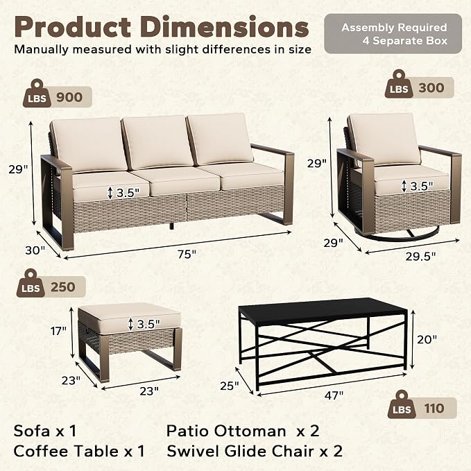 6 Pieces Metal Wicker Patio Furniture Set - 75" Sofa, Two Swivel Chairs and Two Ottomans, One Coffee Table All Weather Rattan Outdoor Conversation Furniture with Washable Cushion for Deck, Beige