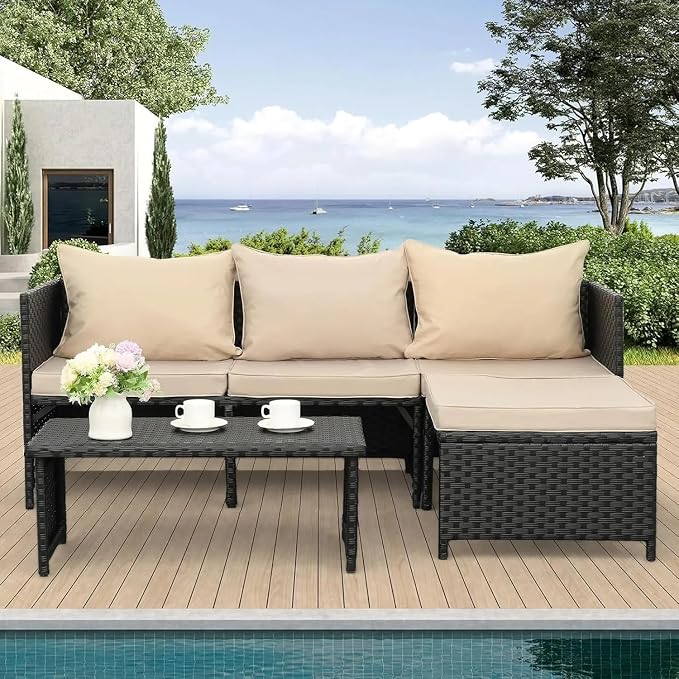 3-Piece Outdoor PE Rattan Furniture Set Black Wicker Conversation Loveseat Sofa Sectional Couch Khaki Patio Comfortable Cushion Outdoor Sectional