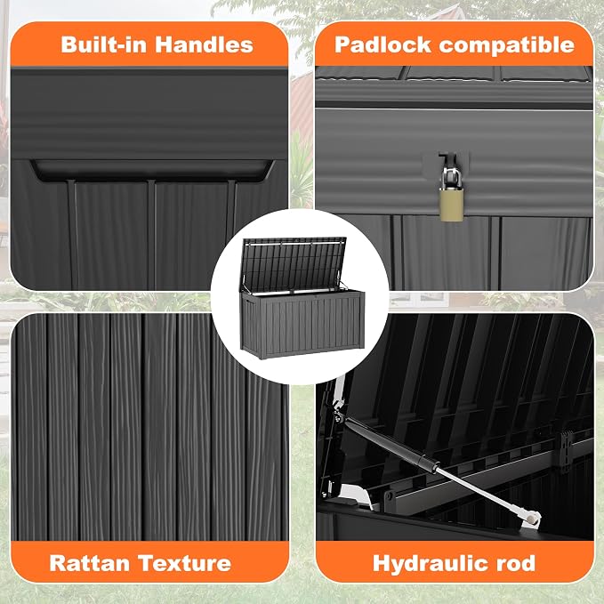 PatioZen 180 Gallon Large Deck Box,Resin Outdoor Storage Box with Lockable for Patio Furniture, Pool Accessories, Garden Tools Waterproof Outside Storage Box, Black