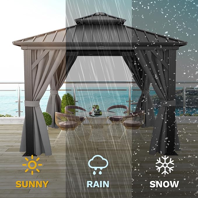 DWVO 10x10ft Gazebo Double Roof Hardtop with Nettings and Curtains, Heavy Duty Galvanized Steel Outdoor Vertical Stripes Roof for Patio, Backyard, Deck, Lawns, Grey