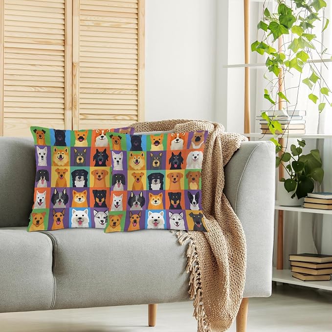 Swono Dog Farmhouse Throw Pillow Covers, Colorful Puppy Dogs Shepherd Terrier Labrador Set of 2 Cushion Case Pillow Cover for Bed Sofa Couch, Square Throw Pillowcases for Men Women 18x18 Inch