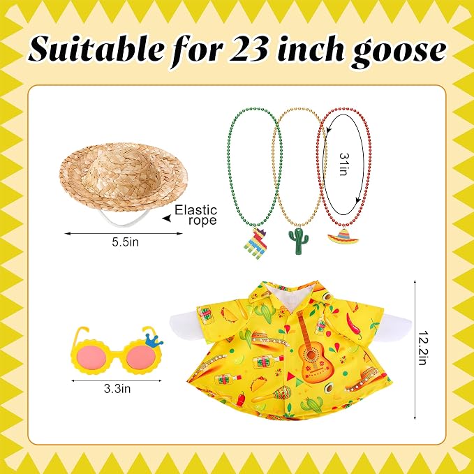 6 Pcs/Set Hawaiian Porch Goose Outfits, Mexican Style Summer Lawn Goose Costume, Garden Goose Clothes Yellow Shirt with Straw Hat Glasses Necklaces for 23" H Statue Outdoor Patio Yard Decor