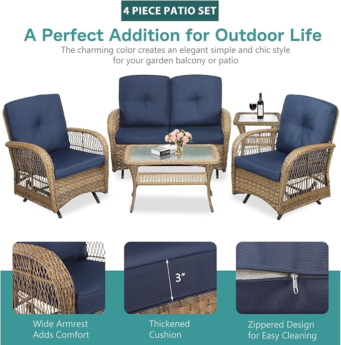 MEETWARM 5 Pieces Outdoor Wicker Patio Conversation Sets with Glider Loveseat, 2 Chairs with 2 Glass-Top Coffee Table Wicker Rocking Glider Set, Wicker Conversation Set w/Thickened Cushions, Navy Blue