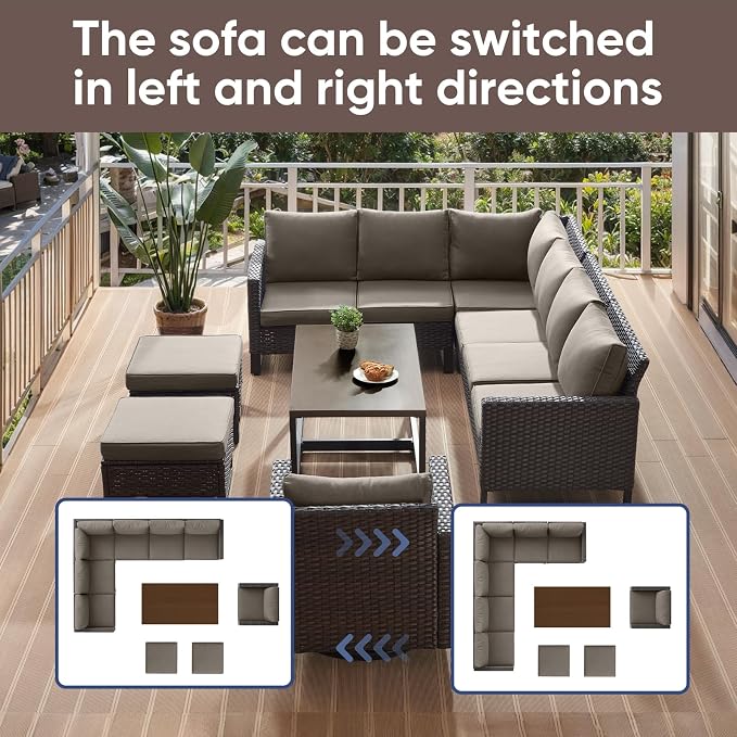 HUMMUH 8 Piece Patio Furniture Set PE Wicker Outdoor Sectional Sofa and Patio Swivel Chairs Outdoor Dining Table Ottomans for Porch,Garden,Backyard,Deck(Brown/Grey)