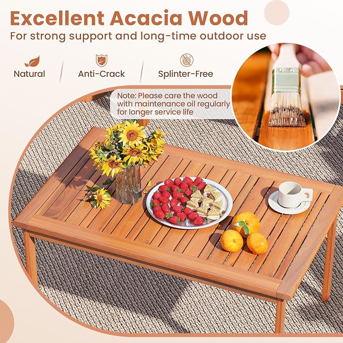 Tangkula 8 Pieces Acacia Wood Patio Conversation Set, Outdoor Wooden Cushioned Chairs & Slatted Coffee Table Set,for Backyard, Porch, Balcony, Poolside and Lawn (Off White,2)
