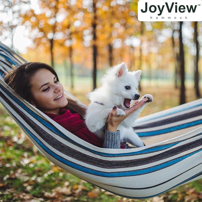 JoyView Brazilian Double Hammock with Hanging Ropes Extra Large 86.6x59” Portable Cotton Hammock for Patio Backyard Porch 450LBS Weight Capacity Perfect for Outdoor/Indoor - Green/Black Stripe