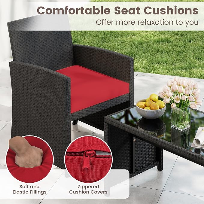 HAPPYGRILL 4 Piece Rattan Wicker Patio Conversation Set, Outdoor Furniture with Chair Loveseat Table & Cushion, for Backyard Porch Balcony (2, Black & Red)