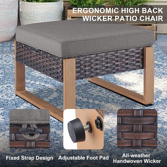 Belord 5 Piece Outdoor Wicker Patio Conversation Furniture Set Deep Seating, Metal Wide Armrests Patio Sofa Set with Rattan Chairs Ottomans for Porch Deck Sunroom Backyard