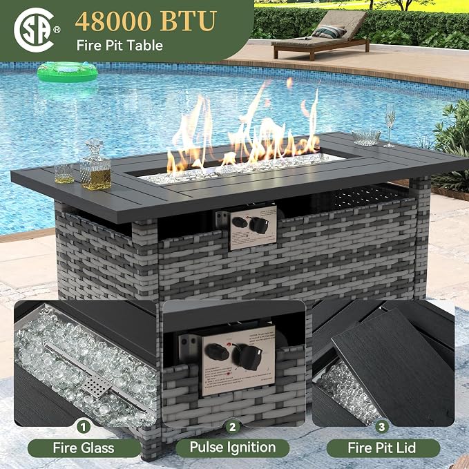 Aoxun 12 Piece Patio Furniture Set with 44” Fire Pit Table Wicker Rattan Outdoor Sectional Sofa Set with Coffee Table and Thickened Cushions, Grey/Black